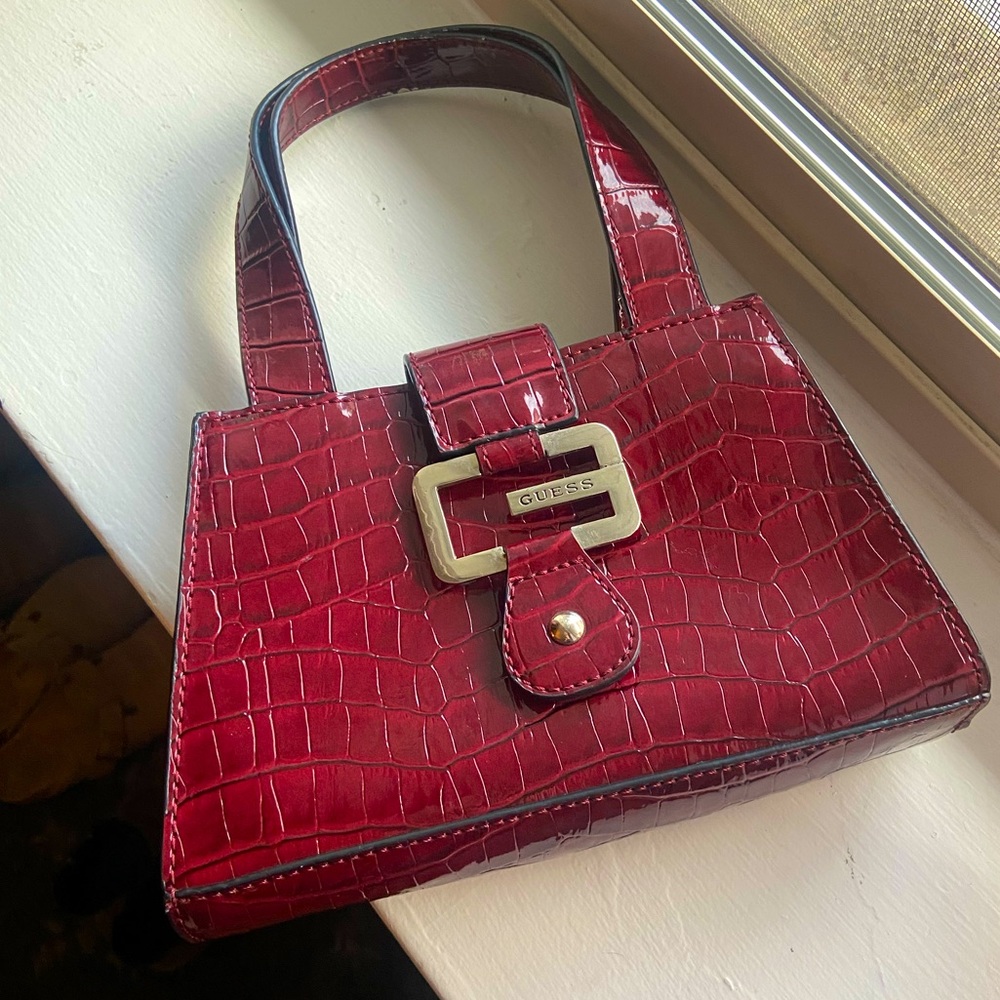 Mini red / burgundy Guess purse | vintage faux crocodile patent leather purse